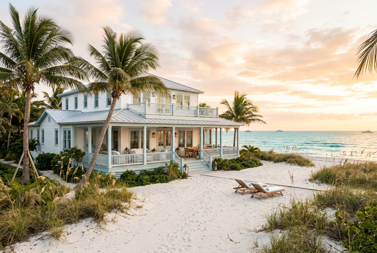 Beach house at golden hour with palm trees and ocean view