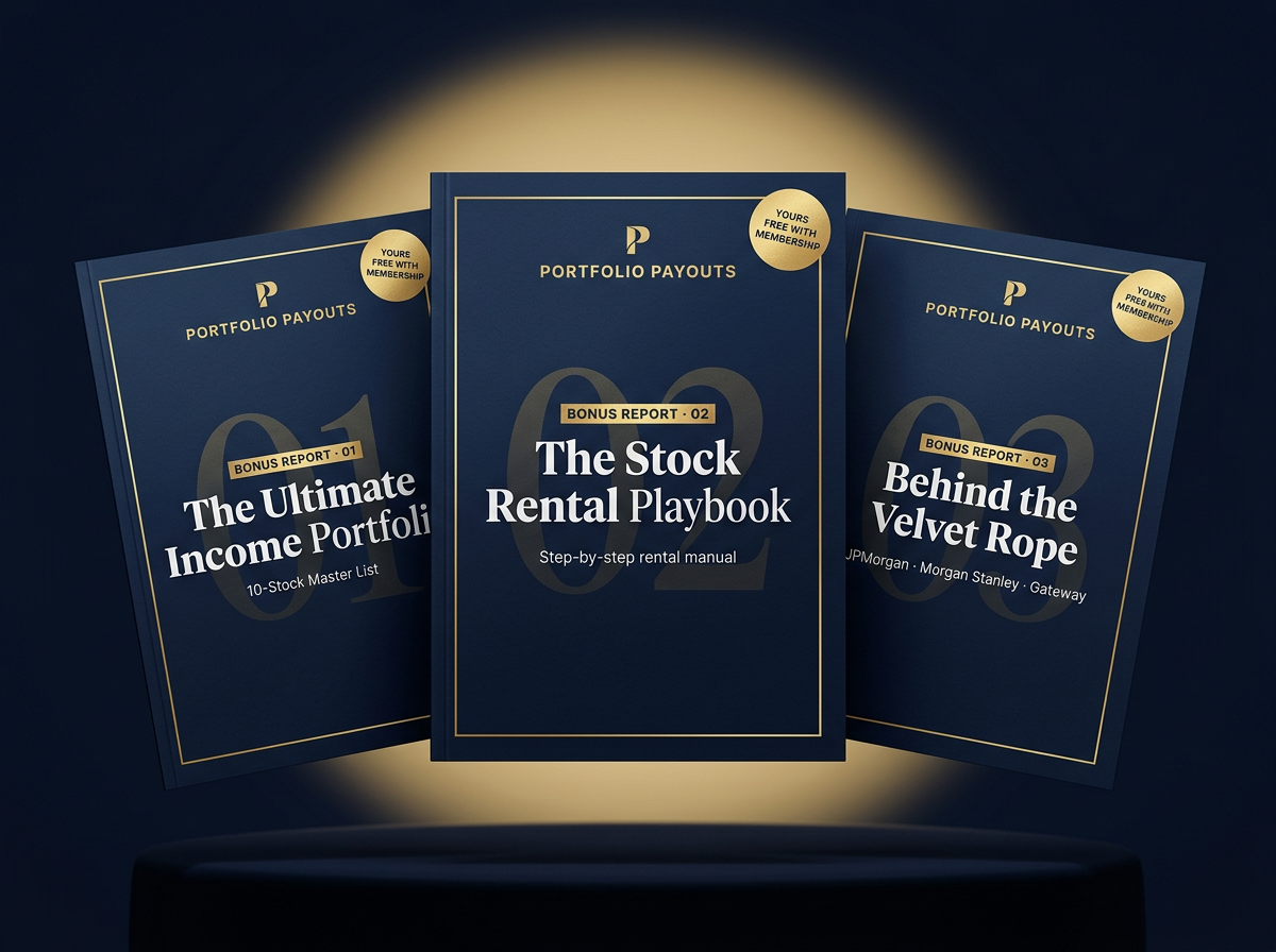 Three Portfolio Payouts bonus reports — The Ultimate Income Portfolio, The Stock Rental Playbook, and Behind the Velvet Rope — fanned out under a golden spotlight, with a Yours Free With Membership seal.